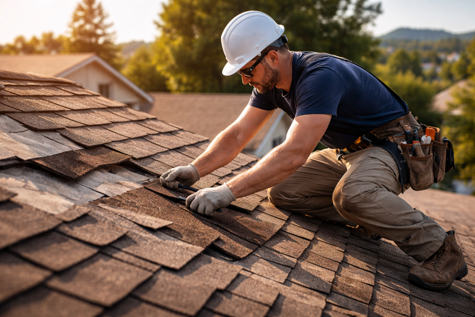 Roof repair contractor working on residential home in Los Angeles