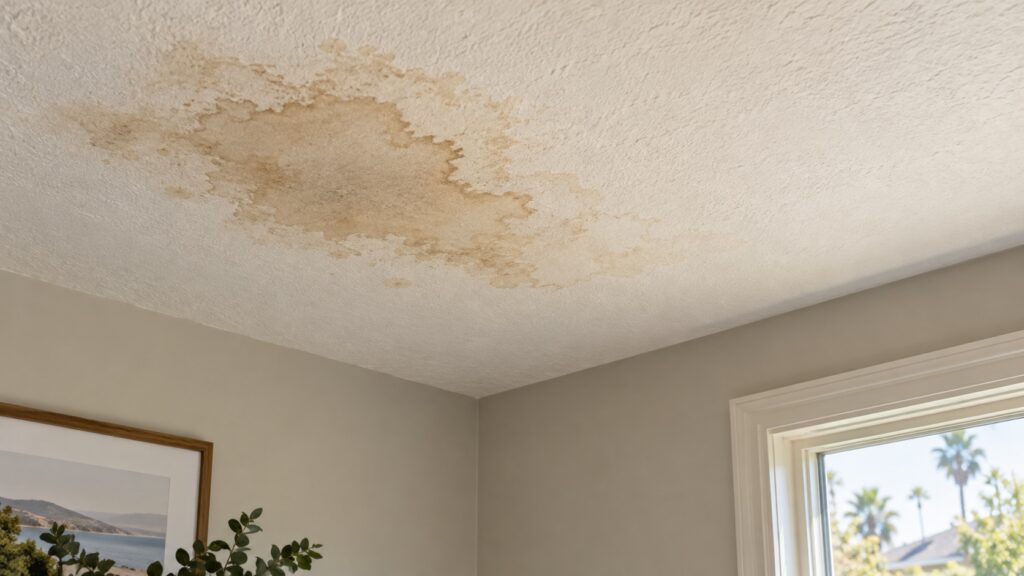 Brown water stain with irregular edges on a white textured ceiling near a window.