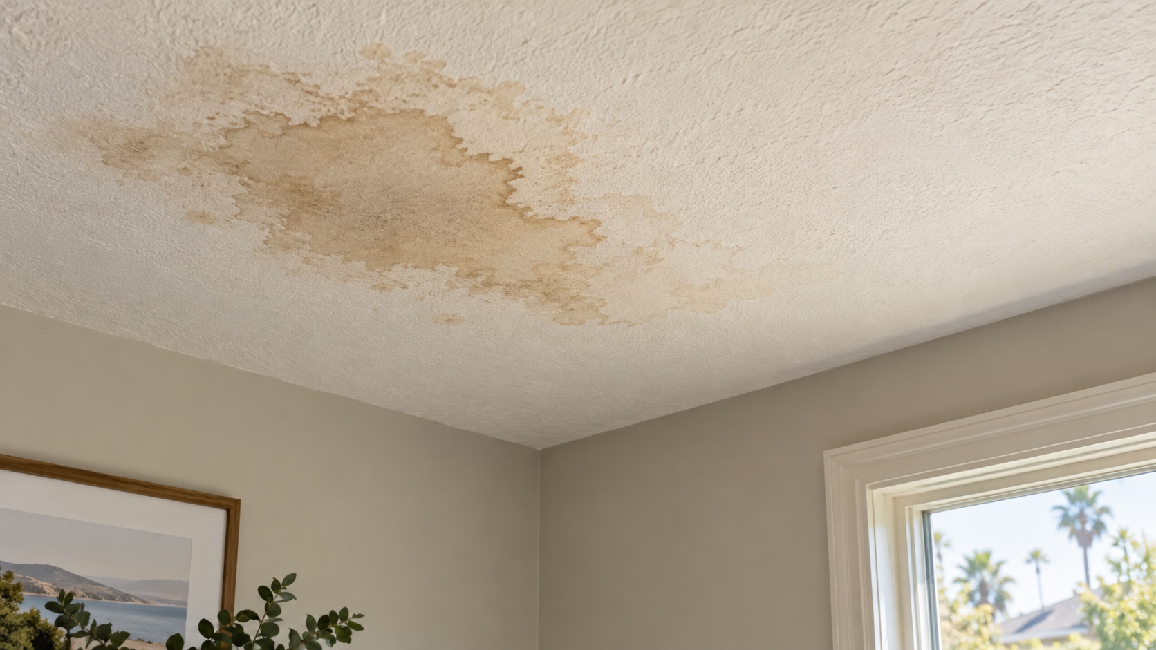 Brown water stain with irregular edges on a white textured ceiling near a window.